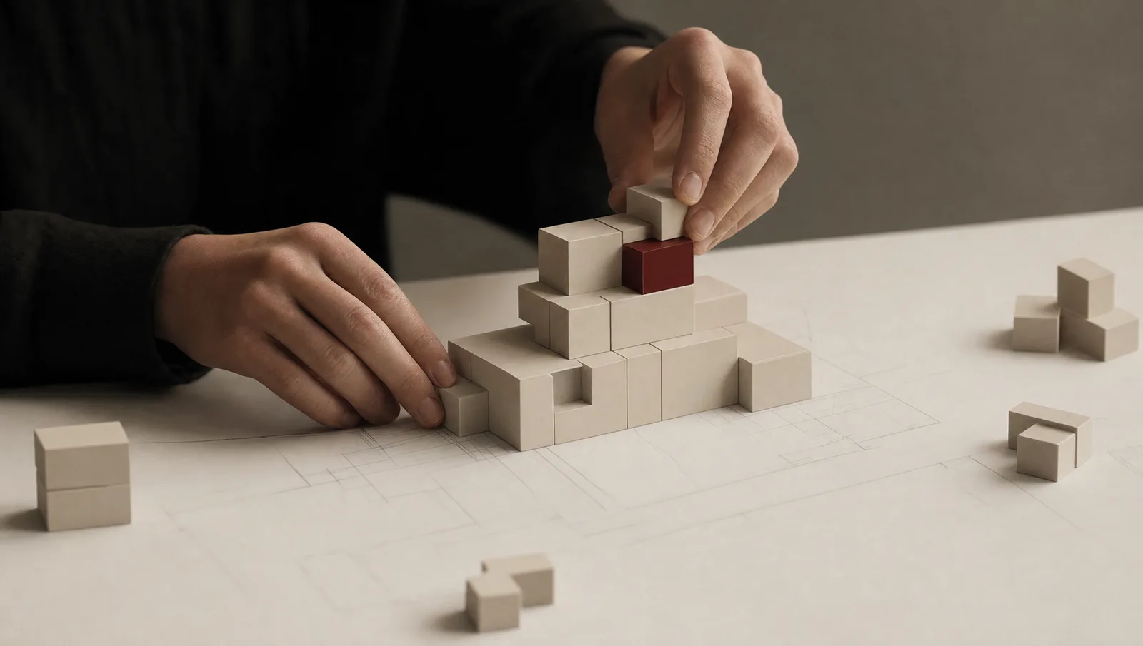 Abstract illustration: isometric modular blocks in mid-assembly, one block burgundy