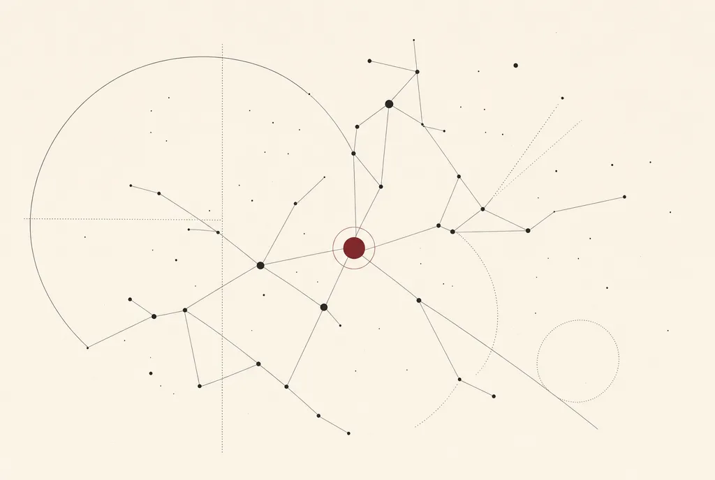 Abstract illustration: a constellation of nodes joined by hairlines, one filled burgundy