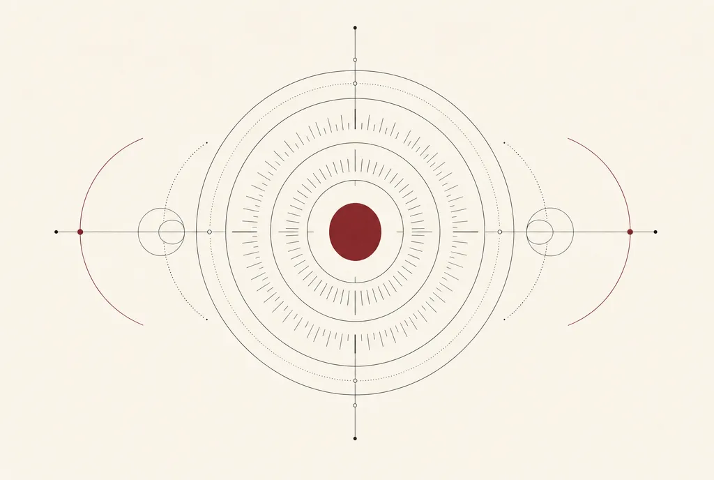 Abstract illustration: concentric rings and radial ticks around a burgundy core, like a calm instrument dial