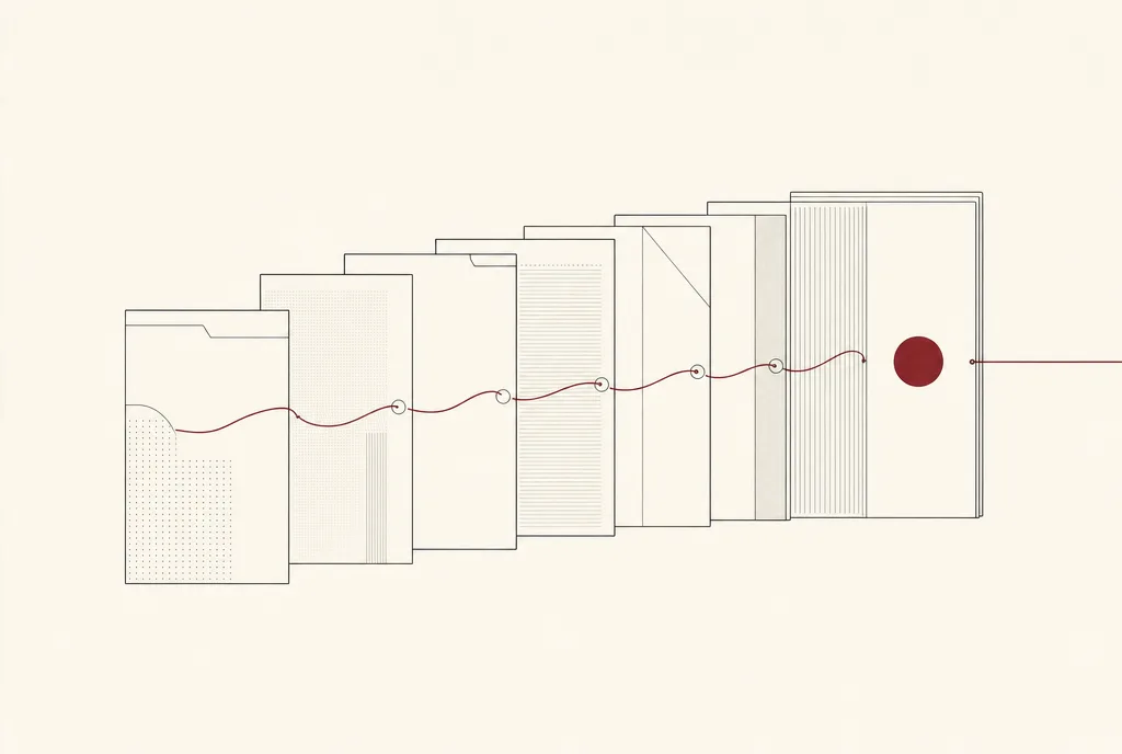 Abstract illustration: case-file planes settling into alignment, joined by a burgundy thread