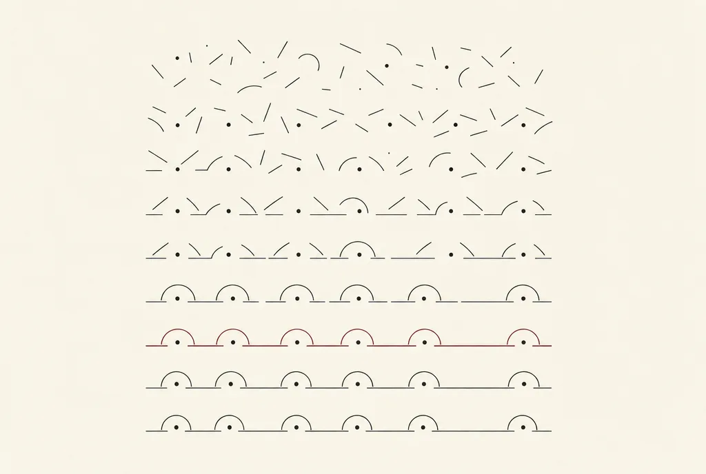 Abstract illustration: scattered strokes resolving into ordered form rows, one underlined in burgundy