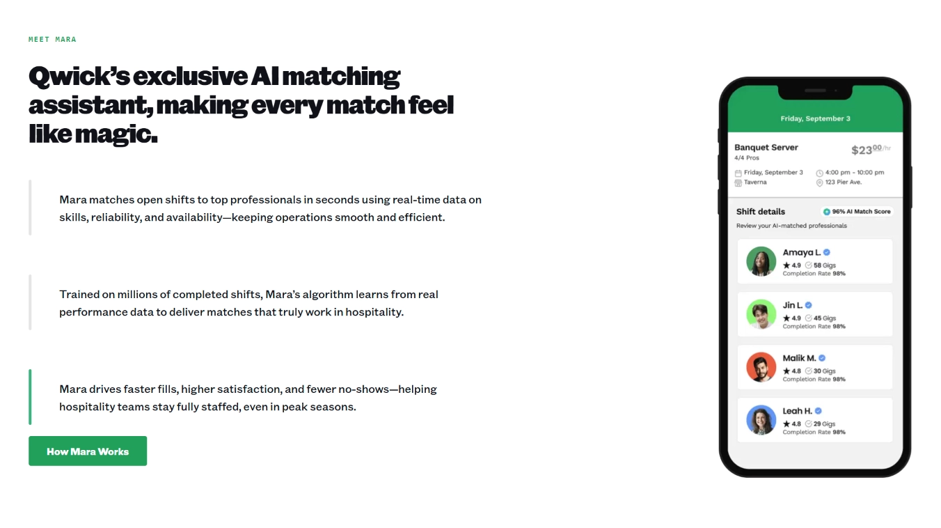 The Qwick site — hospitality staffing platform pages